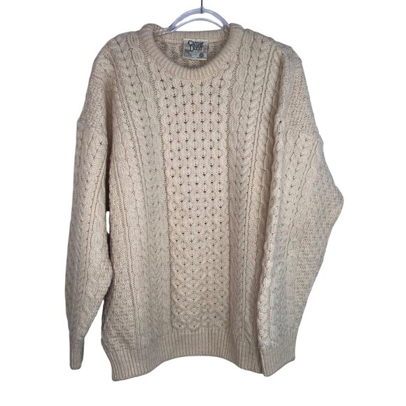 Carraig Donn Ireland Wool Fisherman Sweater Crew Neck Aran in Ivory Size Large - Picture 2 of 9